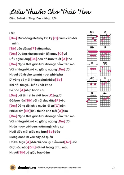 Hợp âm Liều Thuốc Cho Trái Tim (Lý Hải) – bản nhạc PDF trang 1, tông Dm