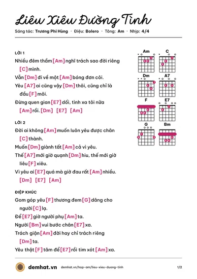 Hợp âm Liêu Xiêu Đường Tình (Phương Anh) – bản nhạc PDF trang 1, tông Am