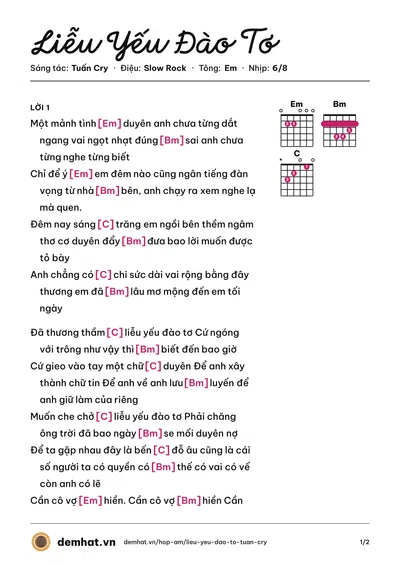 Hợp âm Liễu Yếu Đào Tơ (Tuấn Cry) – bản nhạc PDF trang 1, tông Em