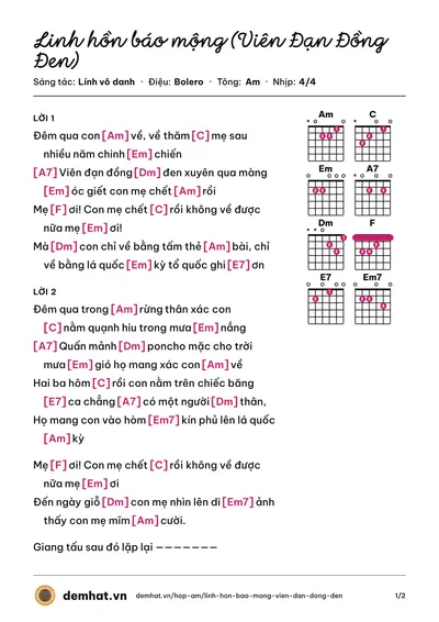 Hợp âm Linh hồn báo mộng (Viên Đạn Đồng Đen) (Hồng Hạnh) – bản nhạc PDF trang 1, tông Am