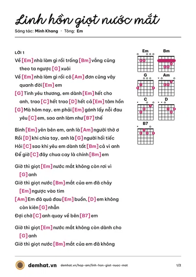Hợp âm Linh hồn giọt nước mắt (Minh Khang) – bản nhạc PDF trang 1, tông Em