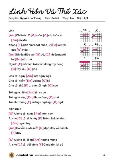 Hợp âm Linh Hồn Và Thể Xác (Nguyễn Hải Phong) – bản nhạc PDF trang 1, tông Am