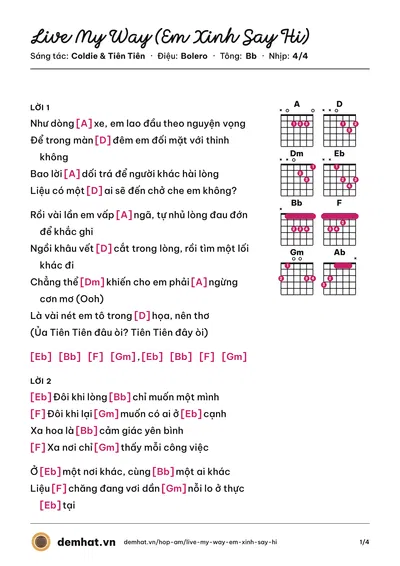 Hợp âm Live My Way (Em Xinh Say Hi) (Tiên Tiên) – bản nhạc PDF trang 1, tông Bb