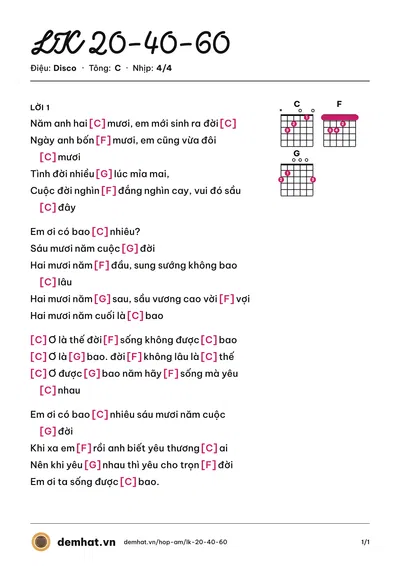 Hợp âm LK 20-40-60 (Quân Keyboard) – bản nhạc PDF trang 1, tông C