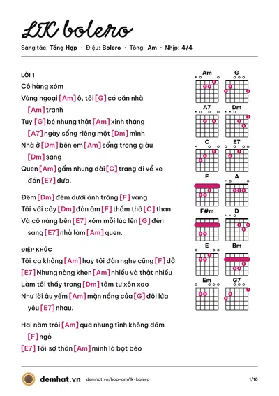 Hợp âm LK bolero (Tổng Hợp) – bản nhạc PDF trang 1, tông Am