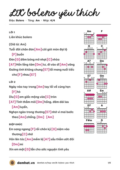 Hợp âm LK bolero yêu thích (Quân Keyboard) – bản nhạc PDF trang 1, tông Am