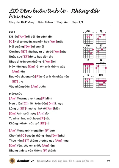 Hợp âm LK Đêm buồn tỉnh lẻ - Những đồi hoa sim (Đan Nguyên) – bản nhạc PDF trang 1, tông Am