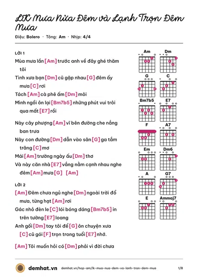 Hợp âm LK Mưa Nửa Đêm và Lạnh Trọn Đêm Mưa (Huỳnh Thật) – bản nhạc PDF trang 1, tông Am