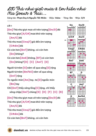 Hợp âm LK Thà như giọt mưa & Em hiền như Ma Soeur & Hai năm tình lận đận (Duy Quang) – bản nhạc PDF trang 1, tông Em