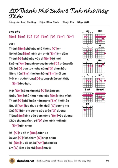 Hợp âm LK Thành Phố Buồn & Tình Như Mây Khói (Chế Linh) – bản nhạc PDF trang 1, tông Em