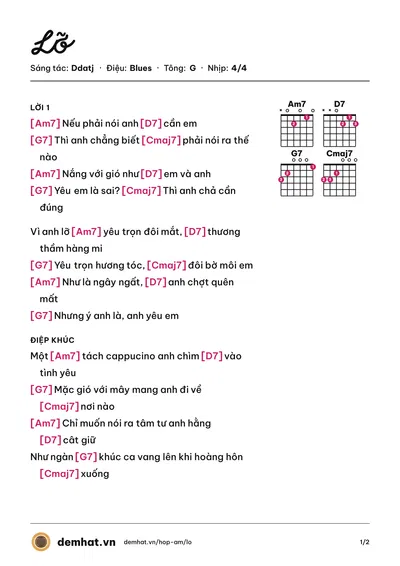 Hợp âm Lỡ (Ddatj) – bản nhạc PDF trang 1, tông G