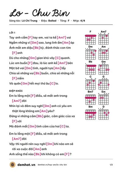 Hợp âm Lo - Chu Bin (Chu Hiểu Minh (Chu Bin)) – bản nhạc PDF trang 1, tông F