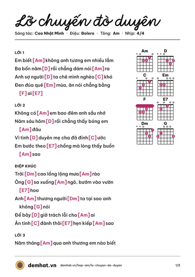 Hợp âm Lỡ chuyến đò duyên (Cao Nhật Minh) – bản nhạc PDF trang 1, tông Am