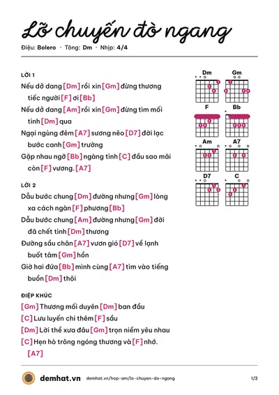 Hợp âm Lỡ chuyến đò ngang (Tâm Đoan) – bản nhạc PDF trang 1, tông Dm