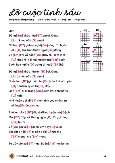 Hợp âm Lỡ cuộc tình sầu (Chế Linh) – bản nhạc PDF trang 1, tông Em