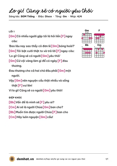 Hợp âm Lo gì! Cũng sẽ có người yêu thôi (BGM Thắng) – bản nhạc PDF trang 1, tông Gm