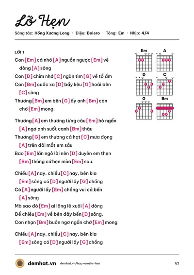 Hợp âm Lỡ Hẹn (Đan Trường) – bản nhạc PDF trang 1, tông Em