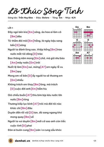 Hợp âm Lỡ Khúc Sông Tình (Bùi Phi Long) – bản nhạc PDF trang 1, tông Em
