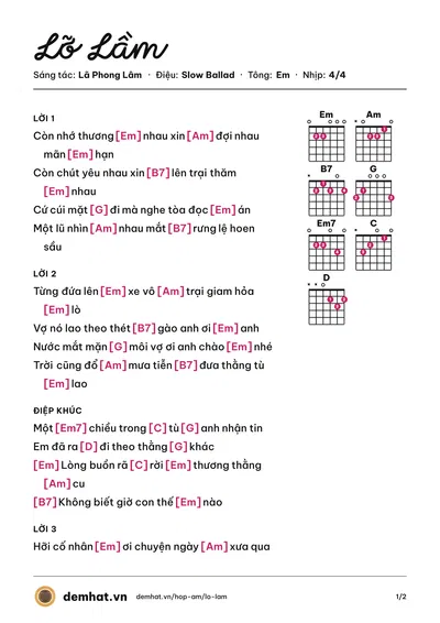 Hợp âm Lỡ Lầm (Lã Phong Lâm) – bản nhạc PDF trang 1, tông Em