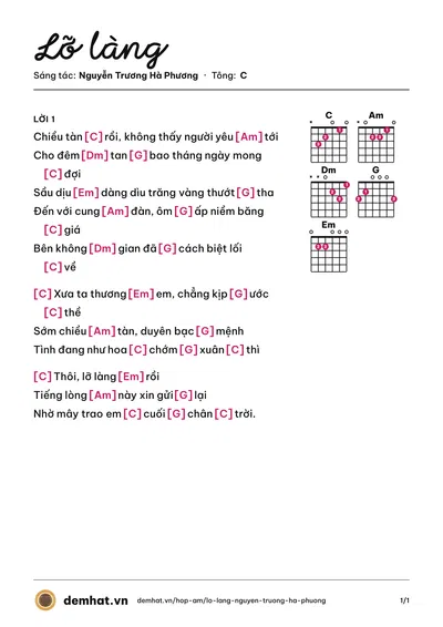 Hợp âm Lỡ làng (Nguyễn Trương Hà Phương) – bản nhạc PDF trang 1, tông C