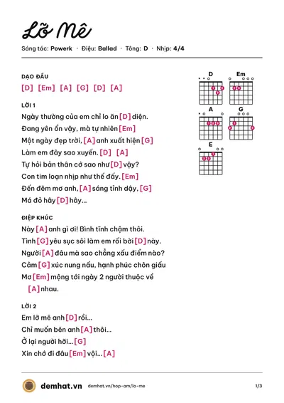 Hợp âm Lỡ Mê (Trang Tiny) – bản nhạc PDF trang 1, tông D