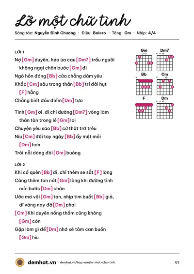 Hợp âm Lỡ một chữ tình (Nguyễn Đình Chương) – bản nhạc PDF trang 1, tông Gm