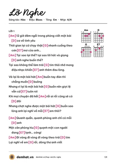 Hợp âm Lỡ Nghe (Hào) – bản nhạc PDF trang 1, tông Em