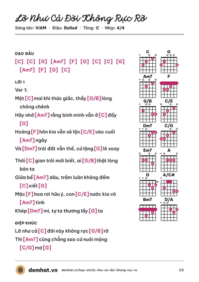 Hợp âm Lỡ Như Cả Đời Không Rực Rỡ (Ngô Anh Đạt) – bản nhạc PDF trang 1, tông C