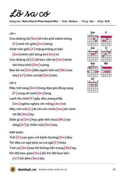 Hợp âm Lỡ sa cơ (Quang Lập) – bản nhạc PDF trang 1, tông Dm