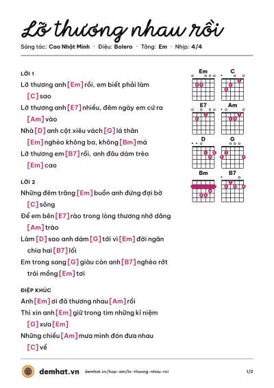 Hợp âm Lỡ thương nhau rồi (Huỳnh Nguyễn Công Bằng) – bản nhạc PDF trang 1, tông Em