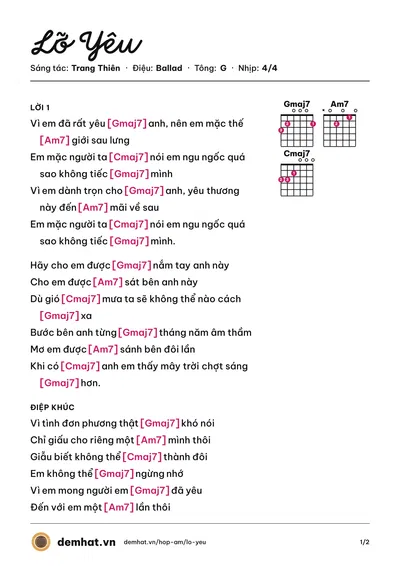 Hợp âm Lỡ Yêu (Trang Thiên) – bản nhạc PDF trang 1, tông G