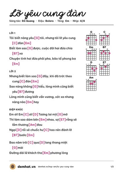 Hợp âm Lỡ yêu cung đàn (Quốc Duy) – bản nhạc PDF trang 1, tông Em