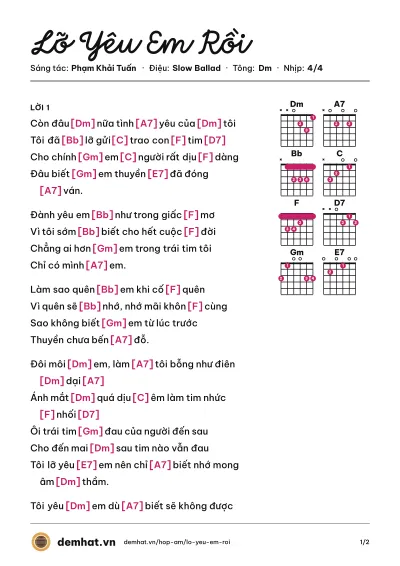 Hợp âm Lỡ Yêu Em Rồi (Bằng Kiều) – bản nhạc PDF trang 1, tông Dm