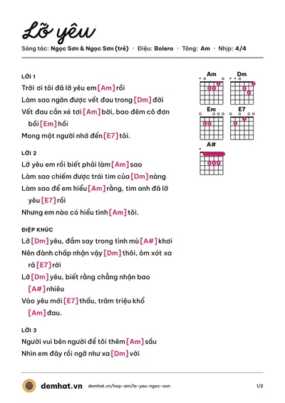Hợp âm Lỡ yêu (Ngọc Sơn) – bản nhạc PDF trang 1, tông Am