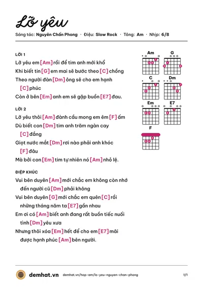 Hợp âm Lỡ yêu (Nguyên Chấn Phong) – bản nhạc PDF trang 1, tông Am