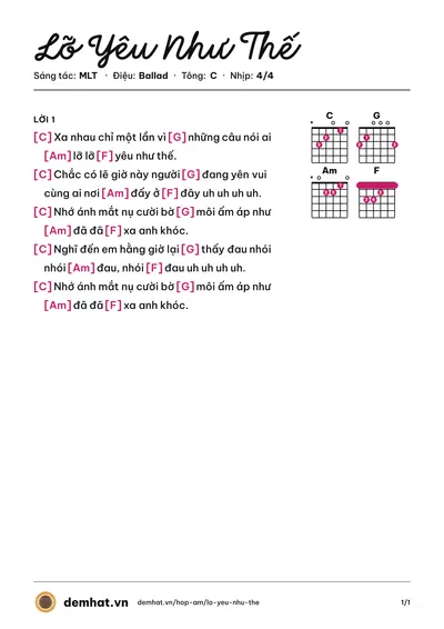 Hợp âm Lỡ Yêu Như Thế (MLT) – bản nhạc PDF trang 1, tông C
