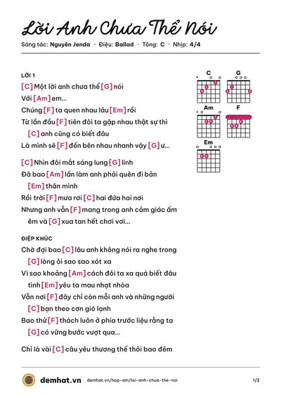 Hợp âm Lời Anh Chưa Thể Nói (Nguyên Jenda) – bản nhạc PDF trang 1, tông C