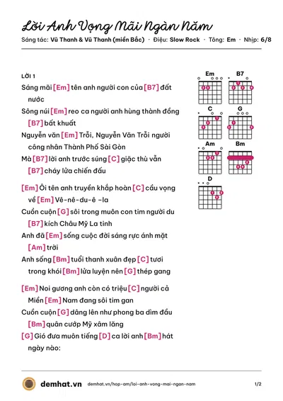 Hợp âm Lời Anh Vọng Mãi Ngàn Năm (Trần Hồng Kiệt) – bản nhạc PDF trang 1, tông Em