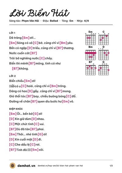Hợp âm Lời Biển Hát (Nguồn Thiêng) – bản nhạc PDF trang 1, tông Em