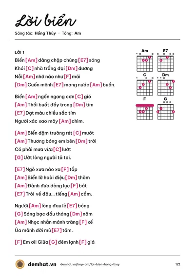 Hợp âm Lời biển (Ngọc My) – bản nhạc PDF trang 1, tông Am