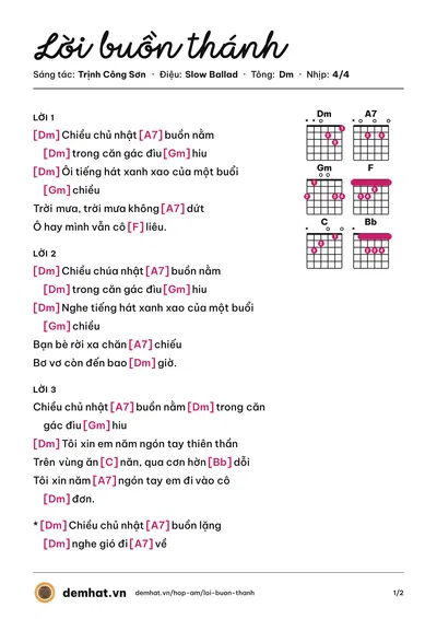 Hợp âm Lời buồn thánh (Trịnh Công Sơn) – bản nhạc PDF trang 1, tông Dm