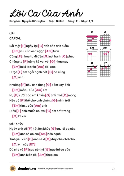Hợp âm Lời Ca Của Anh (Hữu Nghĩa) – bản nhạc PDF trang 1, tông F
