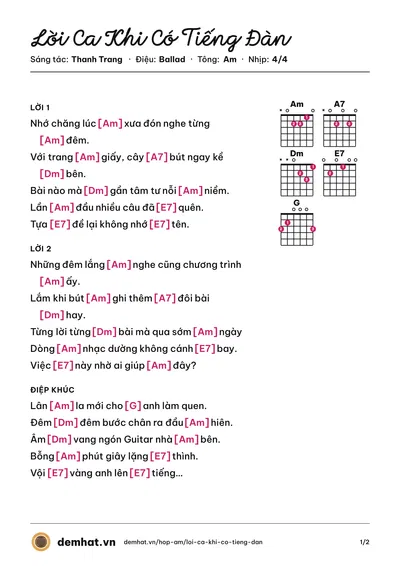 Hợp âm Lời Ca Khi Có Tiếng Đàn (Hồng Tước) – bản nhạc PDF trang 1, tông Am