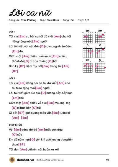Hợp âm Lời ca nữ (Trúc Phương) – bản nhạc PDF trang 1, tông Em