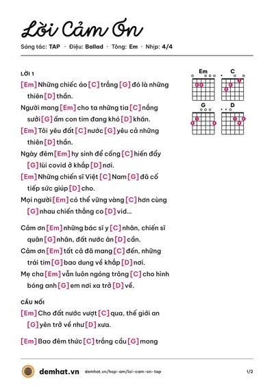 Hợp âm Lời Cảm Ơn (Mắt Ngọc) – bản nhạc PDF trang 1, tông Em