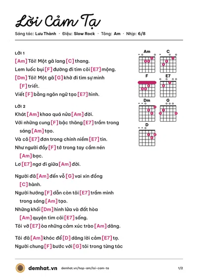 Hợp âm Lời Cảm Tạ (Lưu Thành) – bản nhạc PDF trang 1, tông Am