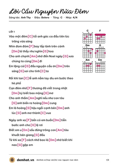 Hợp âm Lời Cầu Nguyện Nửa Đêm (Vũ Khanh) – bản nhạc PDF trang 1, tông C
