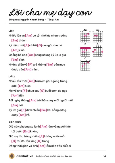 Hợp âm Lời cha mẹ dạy con (Trương Ngôn) – bản nhạc PDF trang 1, tông Am