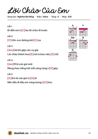 Hợp âm Lời Chào Của Em (Phương Huyền) – bản nhạc PDF trang 1, tông C