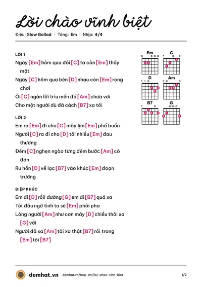 Hợp âm Lời chào vĩnh biệt – bản nhạc PDF trang 1, tông Em